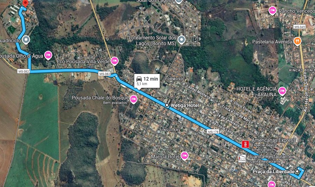 Mapa do trajeto: Praça da Liberdade → Wetiga Hotel → Zagaia Eco Resort